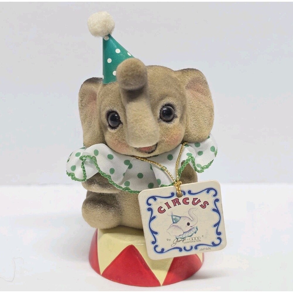 Vintage Josef Originals Circus Elephant in Party Hat Flocked Fur George Good TAG